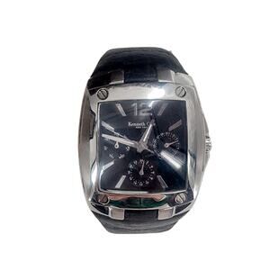 Kenneth Cole Men’s Wrist Watch Steel Curved Case Textured Black Leather KC1280